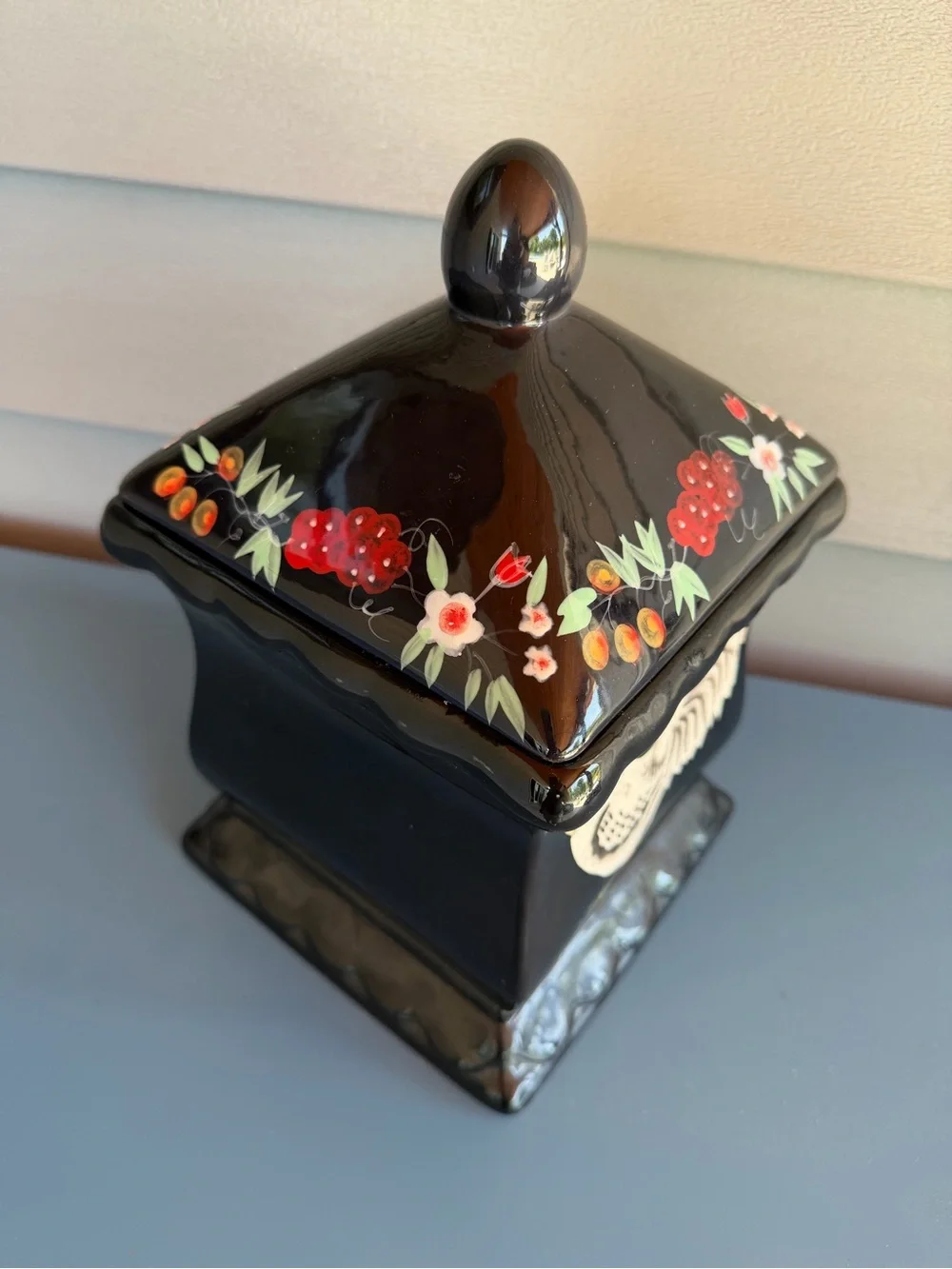 Vintage Black Ceramic Rooster Storage Canister with Lid